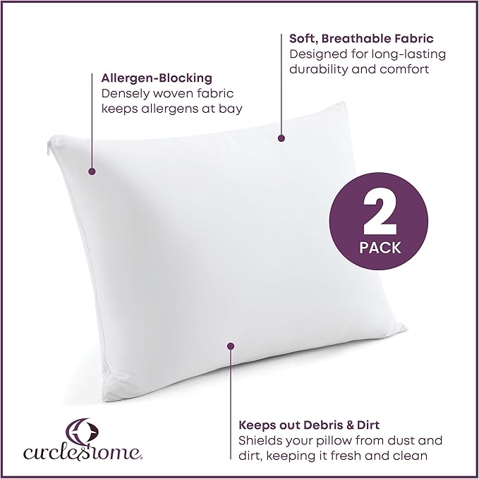 CirclesHome Pillow Protectors 2 Pack Standard Zippered - 100% Cotton Breathable Pillowcases - Protects Pillows from Dirt, Dust and Debri (Standard - Set of 2 - 20x26)