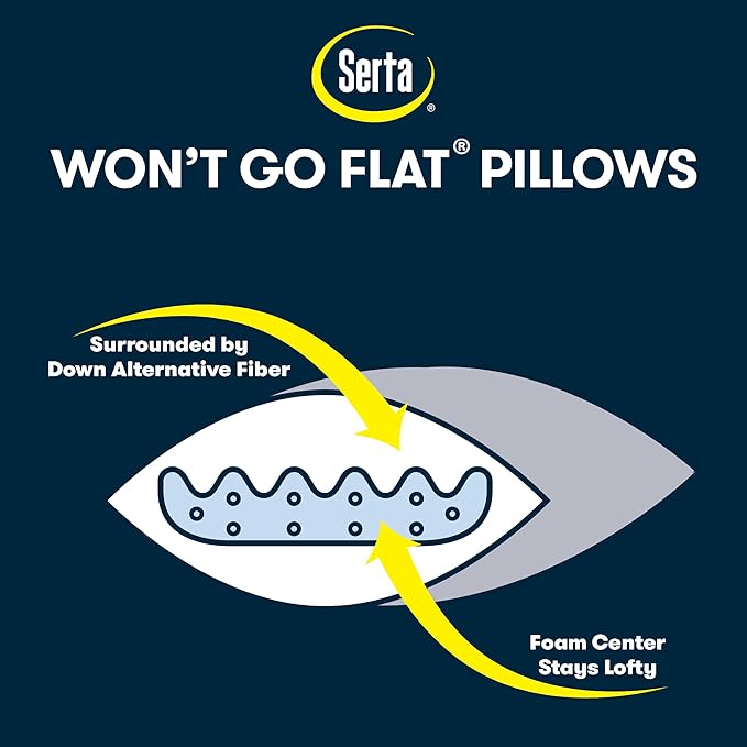 Serta Won't Go Flat King Size Set of 2 Down Alternative Bed Pillows, Extra Life Foam Core with Medium Support, Perfect for Back, Stomach or Side Sleepers, White
