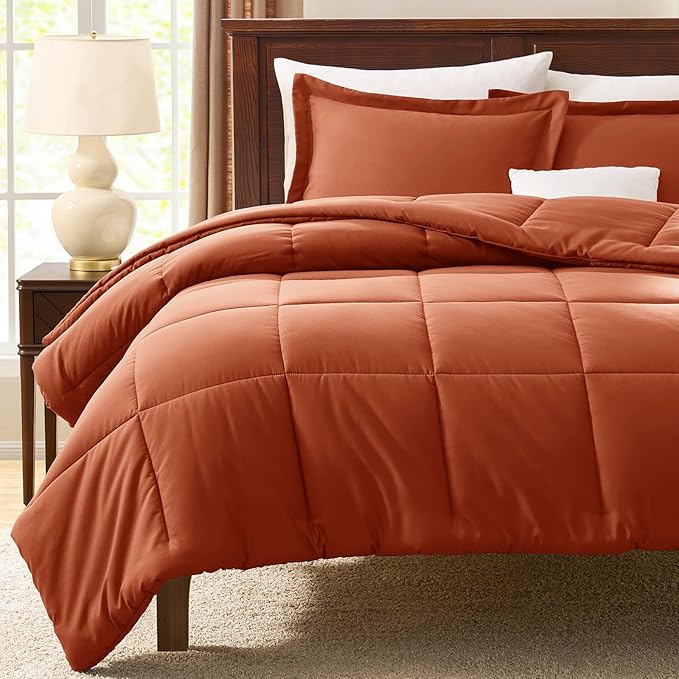 CozyLux King Size Comforter Sets - 270GSM Terracotta Bedding Sets for All Seasons, 3 Pieces Box Stitched Bed Set with 1 Down Alternative Comforter and 2 Pillow Shams, Soft, Lightweight, Durable