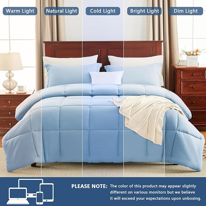 CozyLux King Size Comforter Set - 270GSM Baby Blue Bedding Sets for All Seasons, 3 Pieces Box Stitched Bed Set with 1 Down Alternative Comforter and 2 Pillow Shams, Soft, Lightweight, Durable