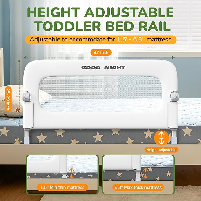 Bed Guard Rail for Toddlers - 47" Adjustable Heights & Folding up Portable Bed Railing for Baby - Toddler Bed Rails Guard for Crib, Twin, Bunk,Full Size, Queen & King Bed (White)