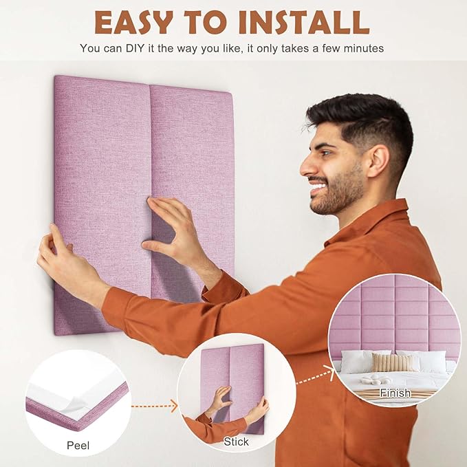 IFNOW Upholstered Wall Mounted Headboard, 3D Soundproof Wall Panels Peel and Stick Headboard for King Size, Reusable and Removable Tufted Bed Headboard in Light Pink(12 Panels, 10" x 24")