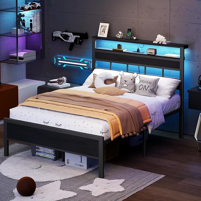 Furnulem Full Size Bed Frame with LED Light and Charging Station, Wood Storage Headboard with 2-Tier Shelves, Metal Platform Bed with Heavy Duty Slats Support, No Box Spring Needed, Black Oak