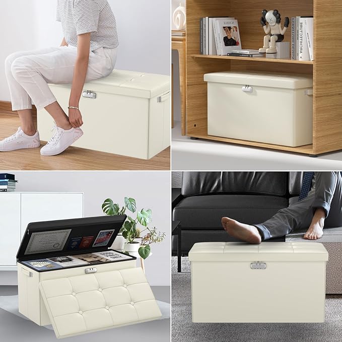 DocSafe Storage Ottoman Bench with Lock,Fireproof 30 Inches Folding Bench Foot Rest Stool Storage Chest Safe for Living Room,Bedroom,Home Office,Waterproof Leather Ottoman with Handles,Beige