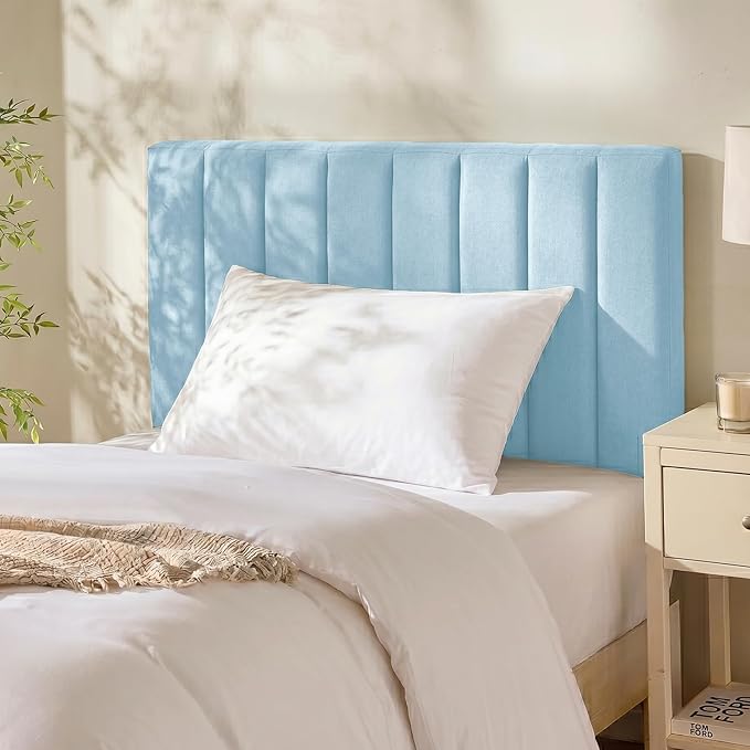 Hearth & Harbor Upholstered Twin Headboard - Easy Assemble Channel Stitched Headboard Twin Size - Wall Mounted Headboards with 3D Soundproof Wall Panels Peel & Stick Floating Headboards, 08-Ice Blue