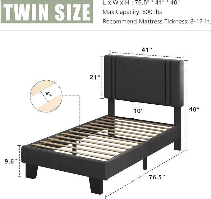 Feonase Twin Platform Bed Frame, Fabric Upholstered Twin Bed Frame, Solid Wood Slats & Heavy Duty Feet Support, No Box Spring Needed, Noise-Free, Easy Assembly, Dark Grey