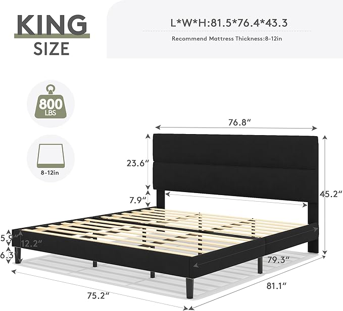 GRUSIGN King Size Platform Bed Frame with Velvet Headboard, Adjustable Height Wooden Slats Support, Upholstered Mattress Foundation, Fits Mattress or Mattress with Box Spring, Easy Assembly, Black