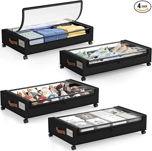 LAMU Under Bed Storage with Wheels, 4 Pack Under Bed Storage Containers with Clear Lid, XXL 60L Underbed Storage Bins, Rolling Under Bed Metal Drawers for Clothes, Blankets, Shoes, Black
