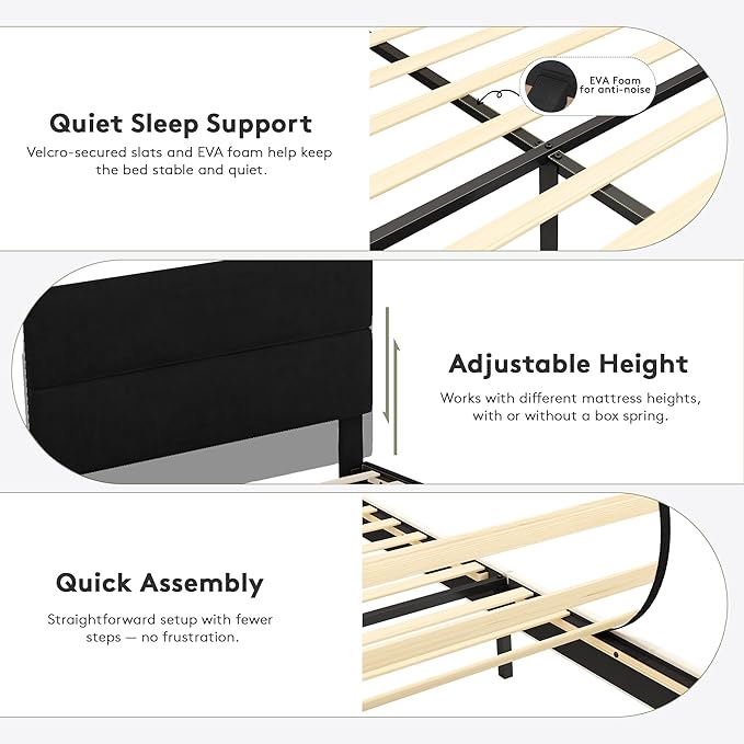 GRUSIGN King Size Platform Bed Frame with Velvet Headboard, Adjustable Height Wooden Slats Support, Upholstered Mattress Foundation, Fits Mattress or Mattress with Box Spring, Easy Assembly, Black