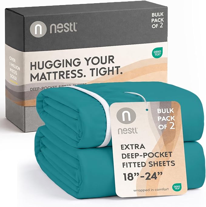 Nestl 2 Pack Teal Fitted Sheet Extra Deep Pocket, Hotel Luxury Cal King Fitted Sheet Only Easily Fits 18 to 24 Inch Mattress, Super Soft, Wrinkle-Free and Breathable with Corner Straps