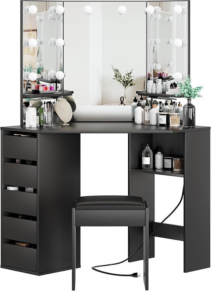 Garvee Corner Vanity Desk and Bench, Makeup Vanity Table with 3-Folding Lighted Mirrors, Charging Station, 5 Drawers for Bedroom