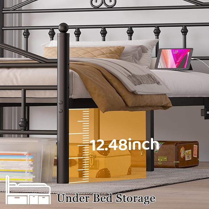 Queen Bed Frame with Headboard,Black Metal Platform Bed Frame Queen Size with LED Lights & Charging Station,Heavy Duty Metal Steel Slats,No Box Spring Needed,Noise Free,Easy to Assemble