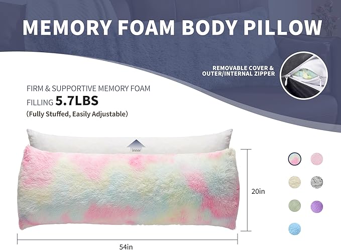 WSOFRLAC Leg Pillow for Side Sleeping 20x54 Large Bolster Pillow for Bed Weighted Firm Body Pillows with Cover for Adults Long Bed Back Sleeper Pillows for Sleeping Machine Washable Rainbow