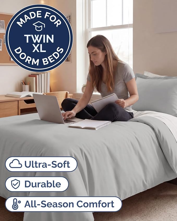 Duvet Cover Twin/Twin XL Size Set - Extra Soft Twin/Twin XL Duvet Cover 68" x 90" with 1 Pillow Sham - Hotel Luxury, Easy Care, Fade Free w/ Zipper Closures & Ties - Comfy & Breathable (French Grey)