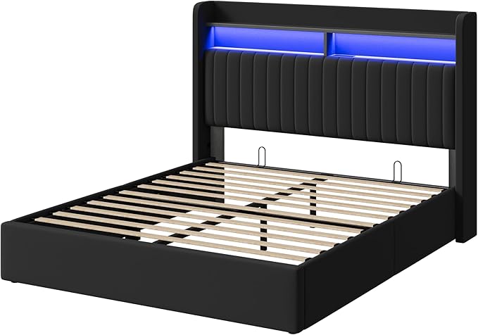SHA CERLIN Full Size Lift Up Storage Bed Frame/LED Lights/Charging Station/2-Tier Shelves Headboard/USB,Type-C Ports/Velvet Upholstered/Hydraulic Support/No Box Spring Needed/Noise Free/Black