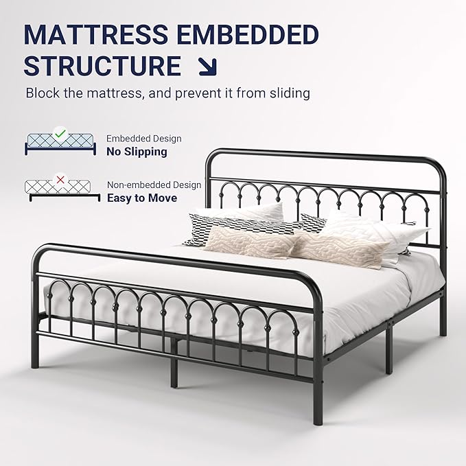 Allewie 14 Inches King Size Metal Platform Bed Frame with Victorian Style Curved Iron-Art Headboard/Footboard, Metal Slats Support, Easy Assembly, Under Bed Storage, No Box Spring Required, Black