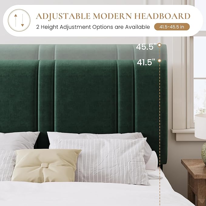 SHA CERLIN Full Size Platform Bed Frame, Velvet Upholstered Bed with Adjustable Headboard, Vertical Channel Tufted Design, Sturdy Wood Slat Support, No Box Spring Needed, Easy Assembly, Green