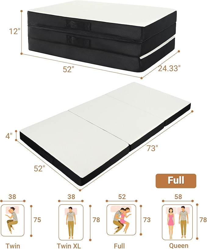 Foldable Mattress Full, Memory Foam Tri Fold Mattress with Removable Washable Cover, 4 inch Folding Mattresses Floor Bed Sleeping Pad for Guest, RV, Travel, Camping, White, 73"x52"x4"