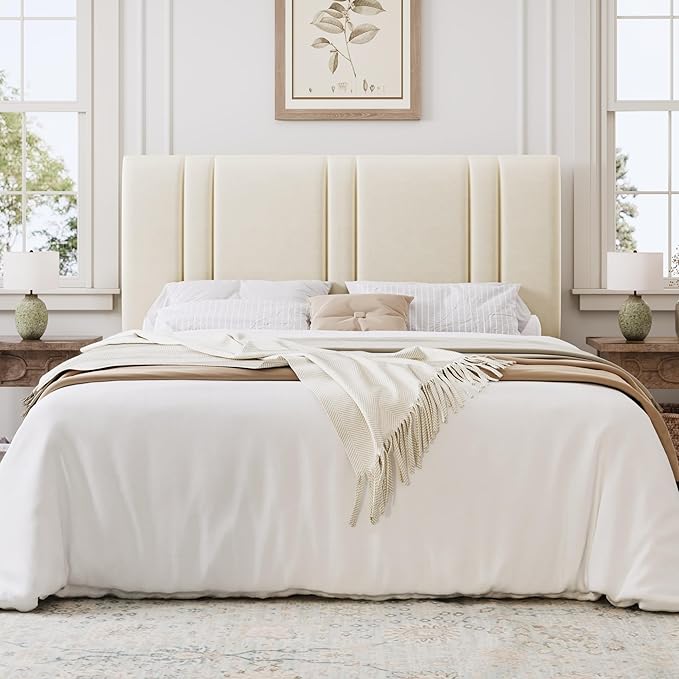 SHA CERLIN Queen Size Platform Bed Frame, Velvet Upholstered Bed with Adjustable Headboard, Vertical Channel Tufted Design, Sturdy Wood Slat Support, No Box Spring Needed, Easy Assembly, Cream White