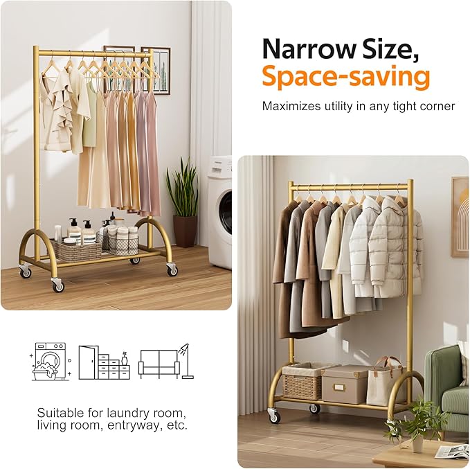 MISSLO Heavy Duty Clothing Rack with Wheels Rolling Clothes Racks for Hanging Clothes, Coats, Garment, Dress, Gold, 30" W