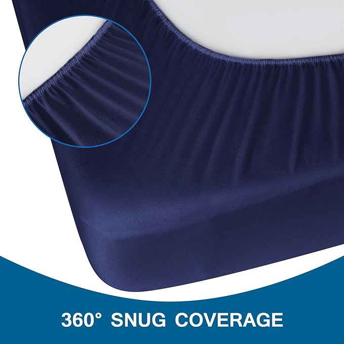 Twin Fitted Sheet Only, Twin Size Sheets for Kids Up to 14 Inches Deep Procket, Single Bed Mattress Sheets Stretchable Breathable Cover, Navy