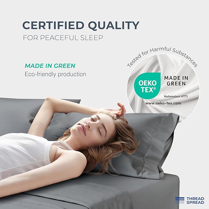 THREAD SPREAD 100% Egyptian Cotton King Size Sheets Set - Luxury 1500 Series Egyptian Cotton Sheets King Size (4 PC, Dark Grey), Silky Soft, Sateen Weave, Cooling & Breathable, 17" Deep Pocket Bed Set