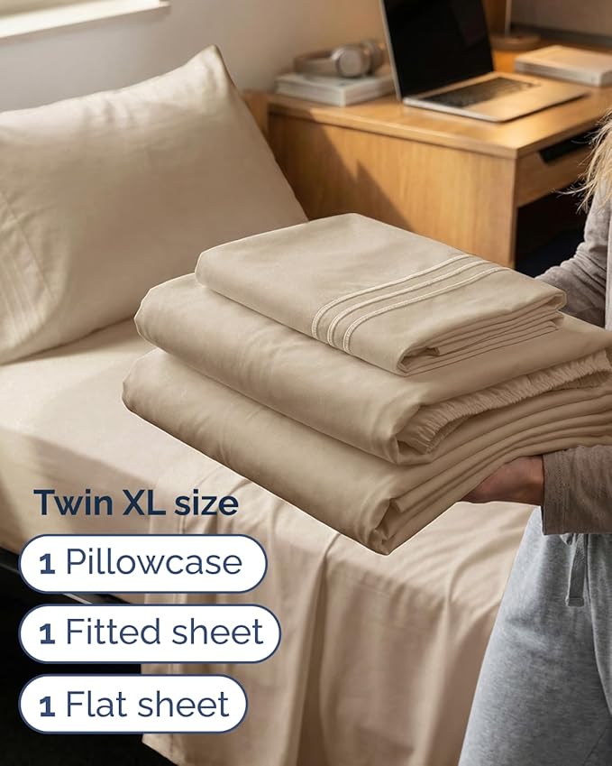 Twin XL Size 3 Piece Sheet Set - Comfy Breathable & Cooling Sheets - Hotel Luxury Bed Sheets for Women & Men - Deep Pockets, Easy-Fit, Extra Soft & Wrinkle Free Sheets - Cream Oeko-Tex Bed Sheet Set