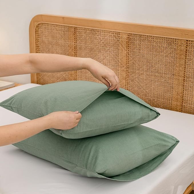 BESTOUCH 100% Washed Cotton Pillowcase for Hair and Skin Linen Feel Soft Comfortable Breathable 2 Set Pillow Case with Envelope Closure Solid Green Queen 20x30 Inches