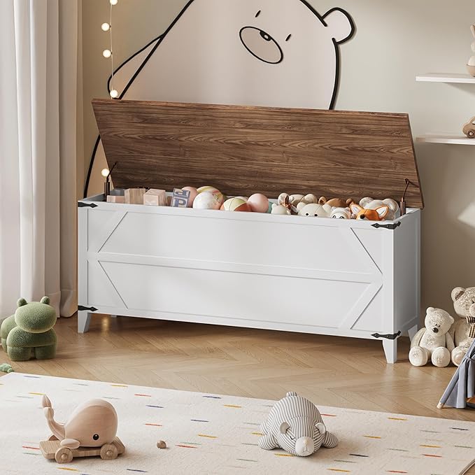 HOOBRO 47.2" Toy Box, Storage Bench with Safety Hinges, Toy Chest Storage, Wooden Storage Chest for Bedroom, Living Room, White and Walnut WH16CW01