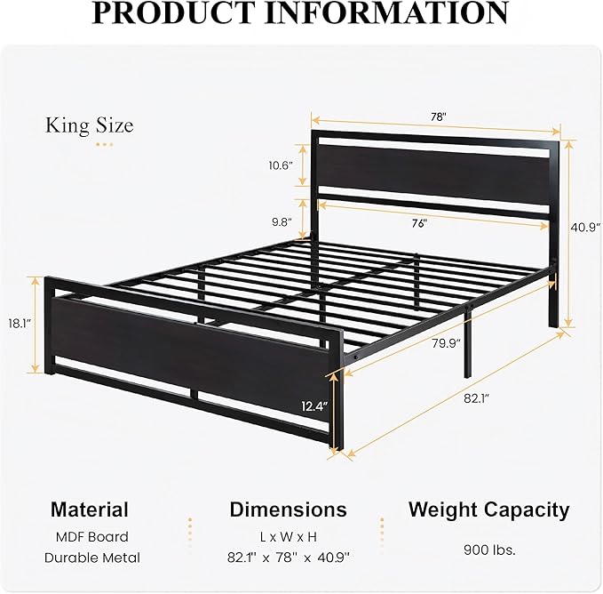 SHA CERLIN King Size Bed Frame with Modern Headboard, Heavy Duty Platform Metal Base with Footboard and 13 Slats Support, No Box Spring Needed, Black