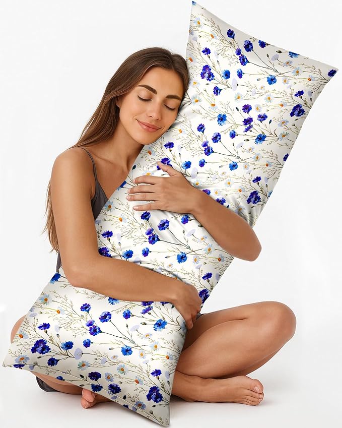 Miss Adola Silk Body Pillow Cover with Zipper - 20x54 Inch Silk Long Pillow Case for Women Ladies Adults Soft Bed Decorative Cute Boho Large Body Pillowcase Sham for Hair and Skin, Blue Daisy