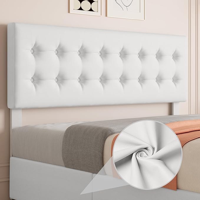 IDEALHOUSE King Size Bed Frame with 4 Storage Drawers and Headboard, Faux Leather Upholstered Platform Bed Frame with Wooden Slats Support, Button Tufted Design, No Box Spring Needed, White