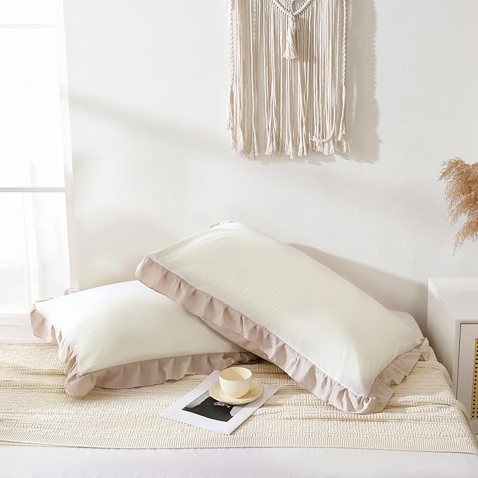 Merryword Beige Pillow Ruffled Shams White and Beige Reversible King Pillowcases Cute Pillow Cover Set of 2 Soft Shabby Chic Pillowcases 2 Pack (King (20''x36''), White Beige)