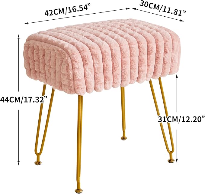 IBUYKE Rectangular Footrest Stool Ottoman, Makeup Vanity Stool Side Table, Velvet Dressing Table Seat, Footstool Chair, Golden Steel Legs, for Makeup Room, Bedroom, Square Grid Pattern, Pink WBD003P