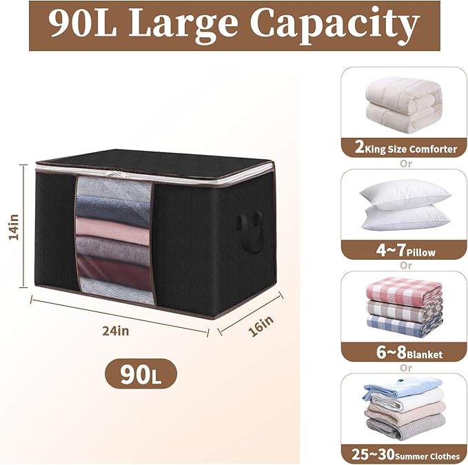 90L Clothes Blanket Storage Bags, 6 Pack Under Bed Storage Bins with Lids, Foldable Closet Organizer with Reinforced Handles for Clothing, Blanket, Comforters, Bed Sheets, Pillows and Toys, Black