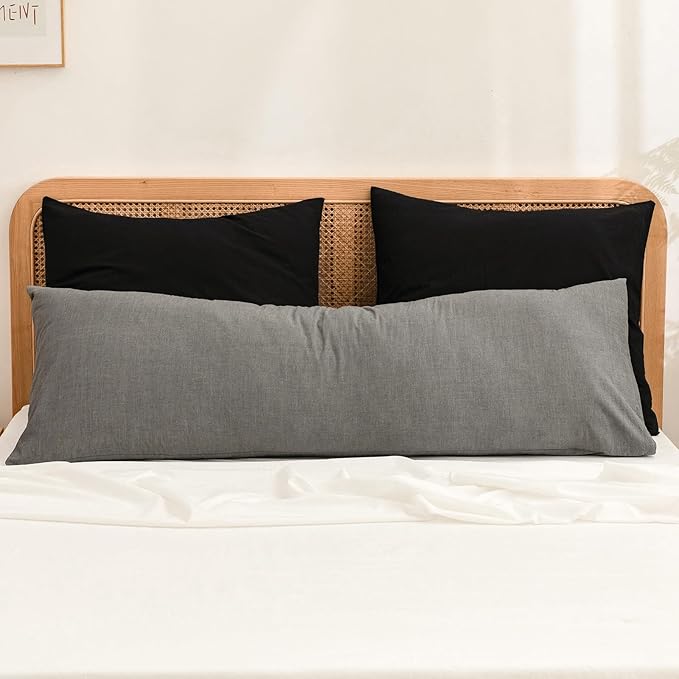 BESTOUCH 100% Washed Cotton Pillowcase for Hair and Skin Linen Feel Soft Comfortable Breathable 1 Pcs Pillow Case with Envelope Closure Solid Dark Grey Body 20x54 Inches