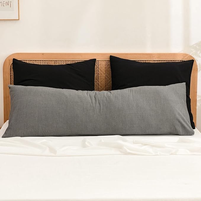 BESTOUCH 100% Washed Cotton Pillowcase for Hair and Skin Linen Feel Soft Comfortable Breathable 2 Set Pillow Case with Envelope Closure Solid Deep Dark Black Euro 26x26 Inches