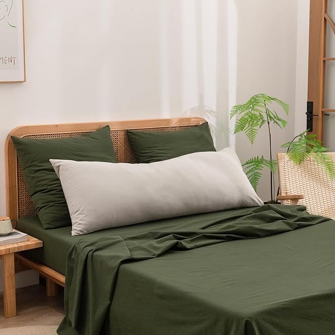 BESTOUCH 100% Washed Cotton Pillowcase for Hair and Skin Linen Feel Soft Comfortable Breathable 1 Pcs Pillow Case with Envelope Closure Solid Linen Grey Body 20x54 Inches