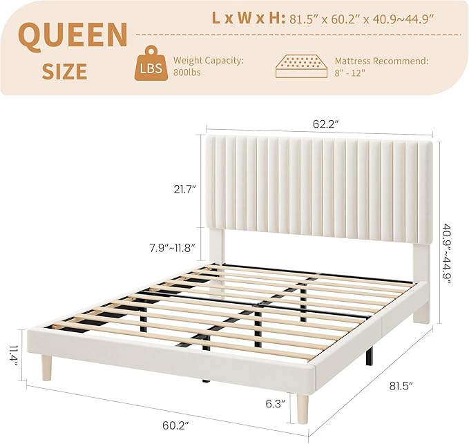 GAOMON Queen Bed Frame with Adjustable Headboard, Velvet Upholstered Platform Queen Size Bed Frame, Wooden Slats Support, No Box Spring Needed, Easy Assembly, Beige