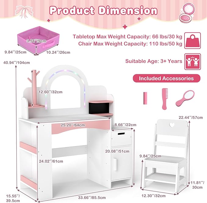 INFANS Kids Vanity with Lights, Princess Makeup Desk with Mirror, Jewelry Hanger, Fabric Drawers, Toddler Table and Chair Set Pretend Play for Girls