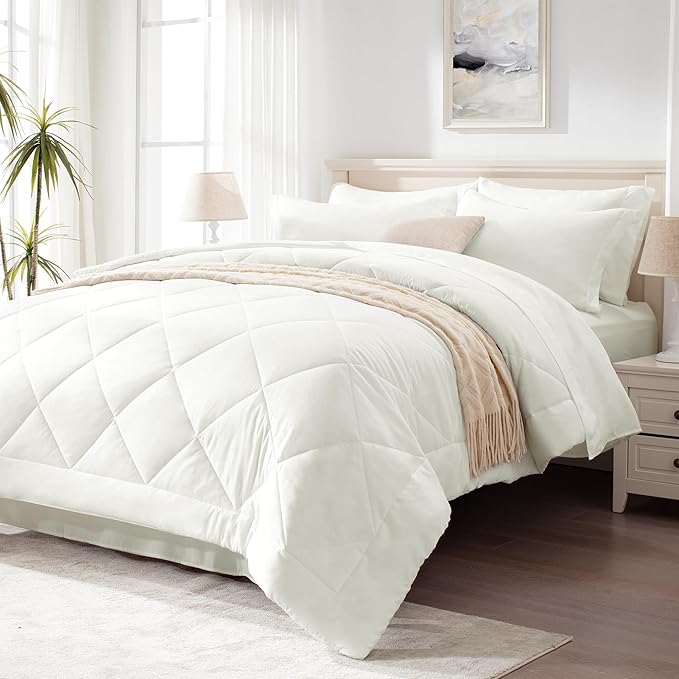 Love's cabin Twin Comforter Set Ivory, 5 Pieces Twin Bed in a Bag, All Season Bedding Sets with 1 Comforter, 1 Flat Sheet, 1 Fitted Sheet, 1 Pillowcase and 1 Pillow Sham | Soft, Breathable, Lightweight, Comfortable