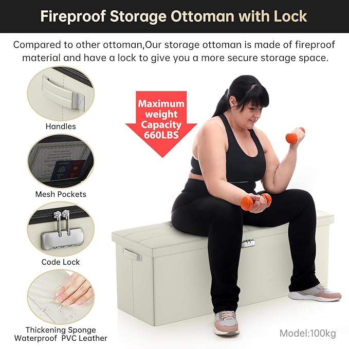 DocSafe Storage Ottoman Bench,Fireproof＆Waterproof Folding Bench with Lock(15”x 43”x15”),Leather Storage Chest with Handles＆2 Extra Boxes,Ottoman Safe for Bedroom,Living Room,Home Office,Beige