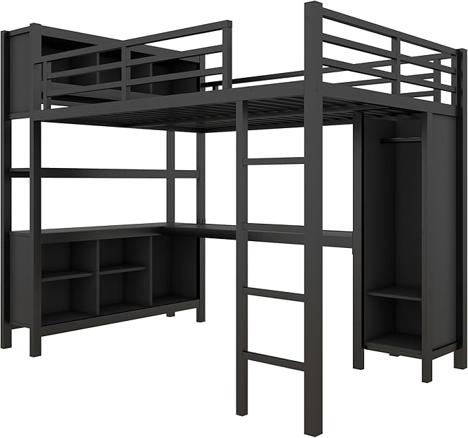 Full Size Loft Bed with L Shaped Desk, Wardrobe and Storage Shelves, Metal Heavy Duty Loft Bed Frames with Ladder and Guardrails for Kids, Teens, Juniors, Space Saving (Black, Full)