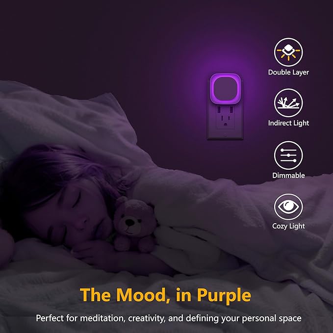 YUNLEX 2 Pack Purple Night Light, Gentle Eye-Care with Dimmable Soft Glow & Indirect Reflection, Auto Dusk to Dawn Sensor, Plug in Nightlight for Meditation Corner, Creative Studio, Bedroom, Bathroom