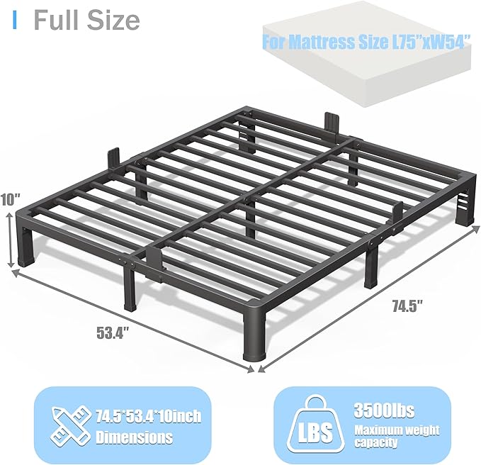 10 inch Full Size Bed Frame with Round Corner Legs and Headboard Hole Mattress Slide Stopper Low Profile Heavy Duty Metal Platform,Steel Slat Support,No Box Spring Needed,Easy Assembly,Noise Free