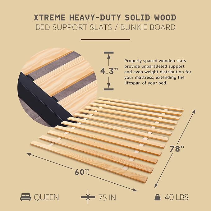 Hercules Xtreme Bed Frame Support Slats, Heavy-Duty Solid Pine Wood Bunkie Board Under Bed-Support, Wooden Support Board for Sagging, Queen Size