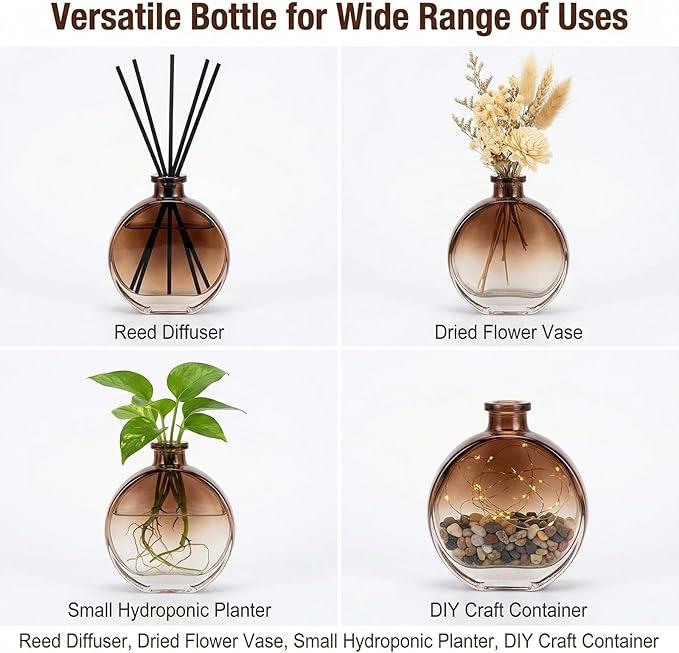 150ml/5oz Empty Glass Diffuser Bottle Diffuser Jars Aromatherapy Storage Container Fragrance Accessories Use for DIY Replacement Sticks Sets Oils Crafts Decor(Brown)