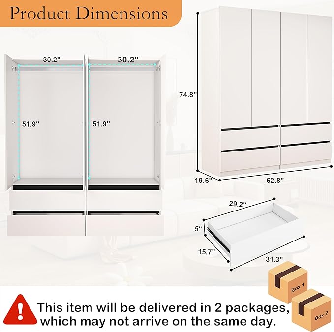 Armoire Wardrobe Closet with Drawers：75" Large White Wardrobe Closet Cabinet with 4 Doors for Hanging Clothes, Modern Wooden Bedroom Armoires with 4 Drawers and Storage (A+A, 63")