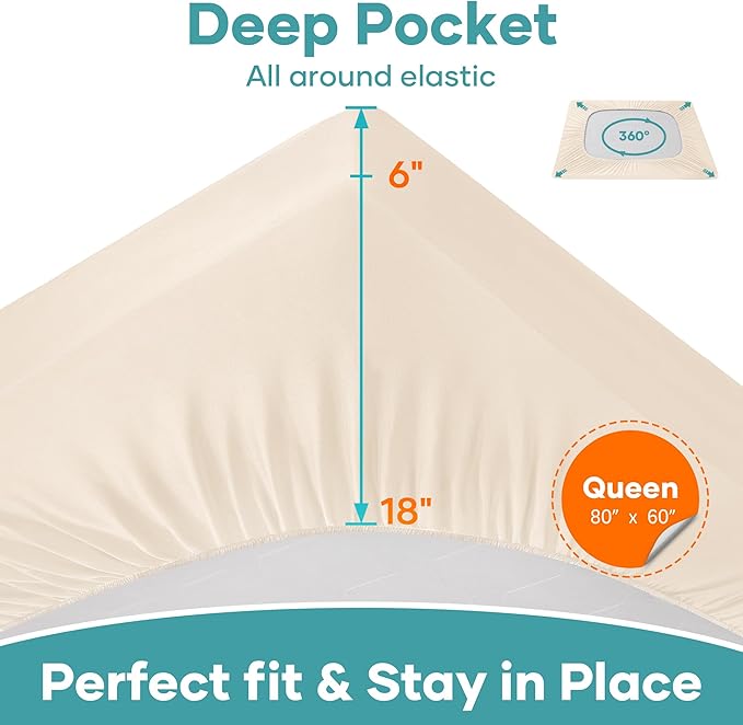 OhGeni 100% Waterproof Mattress Protector, Queen Beige Size, Fitted Sheet with Deep Pockets, 6''-18'', Premium Noiseless Breathable Soft Material, Mattresses Cover for Bed