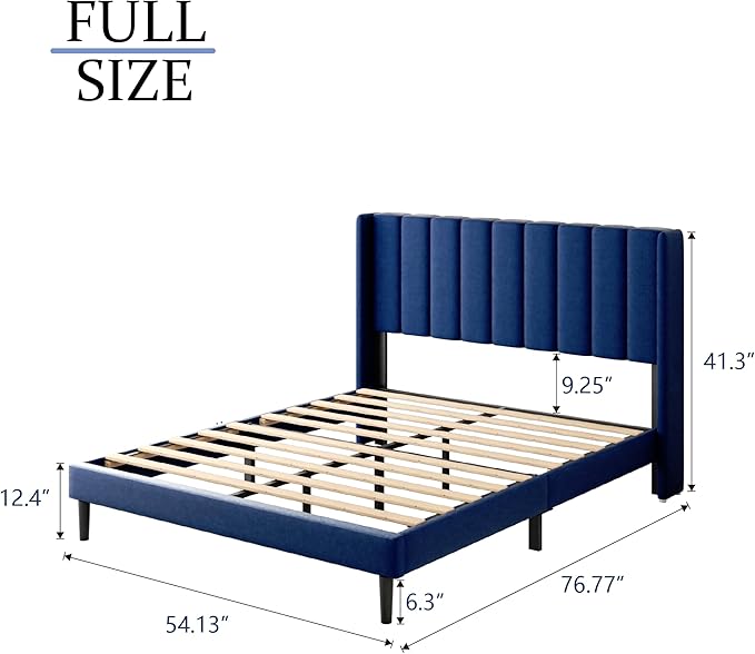 Gruwans Full Size Bed Frame with Upholstered Wingback Headboard, Easy Assemnly Platform Bed, Wooden Slat Support No Box Spring Needed, Navy Blue